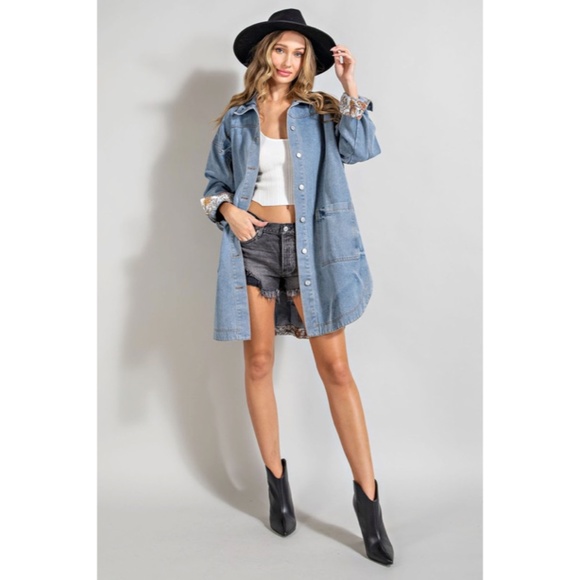 SOLD OUT Denim Blue Mineral Washed Oversized Long Jacket w/ Paisley Cuff Detail - Picture 11 of 11